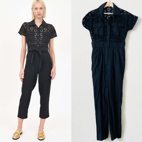 Christy Lynn SMALL Chase black linen blend eyelet lace jumpsuit